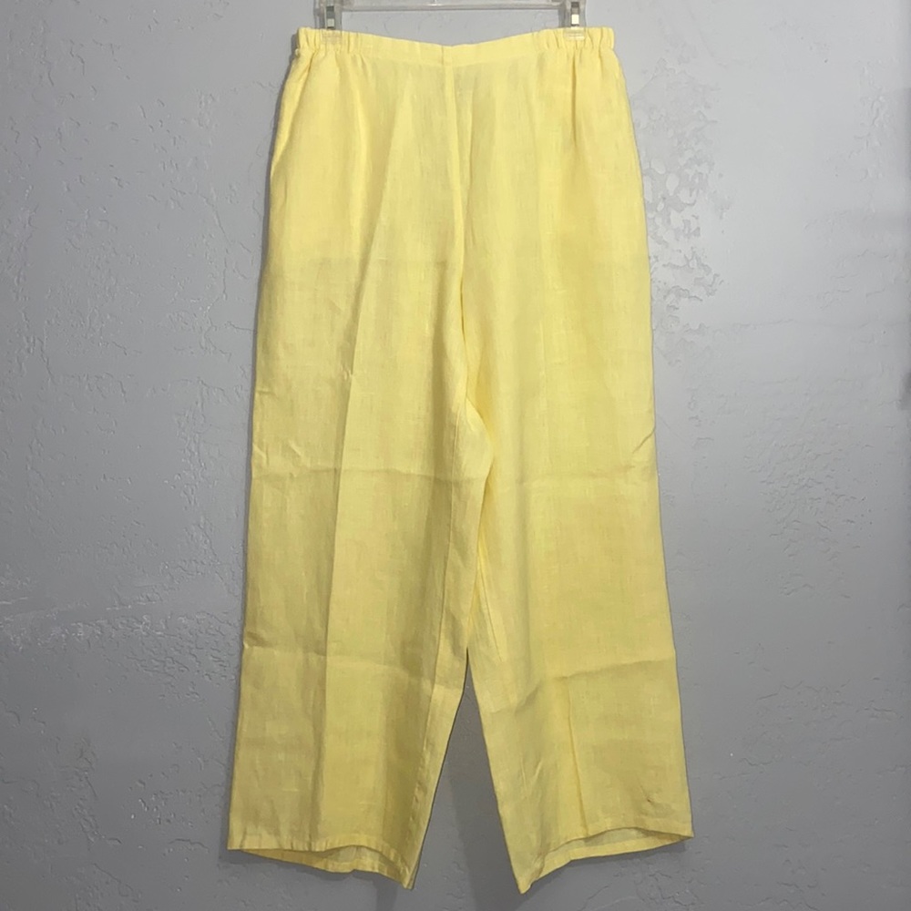 Flax 100% Linen Flat Front Elastic Waist Pockets Crop Capri Pants Yellow Small